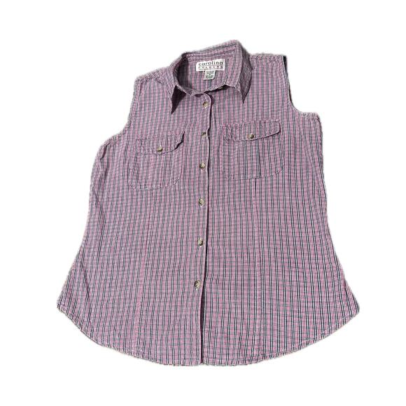 Vintage 1990s Green Plaid Cotton Sleeveless Shirt Button Up Summer Top / Medium - Picture 5 of 5